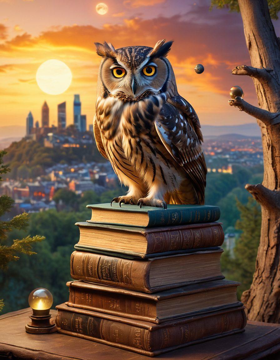 A wise old owl perched atop a stack of ancient books, surrounded by glowing orbs symbolizing knowledge and truth. In the background, a surreal landscape merging a forest and a city skyline, representing the blend of nature and urban reality. Soft, ethereal light illuminating the scene, inviting curiosity and exploration. vibrant colors. super-realistic.