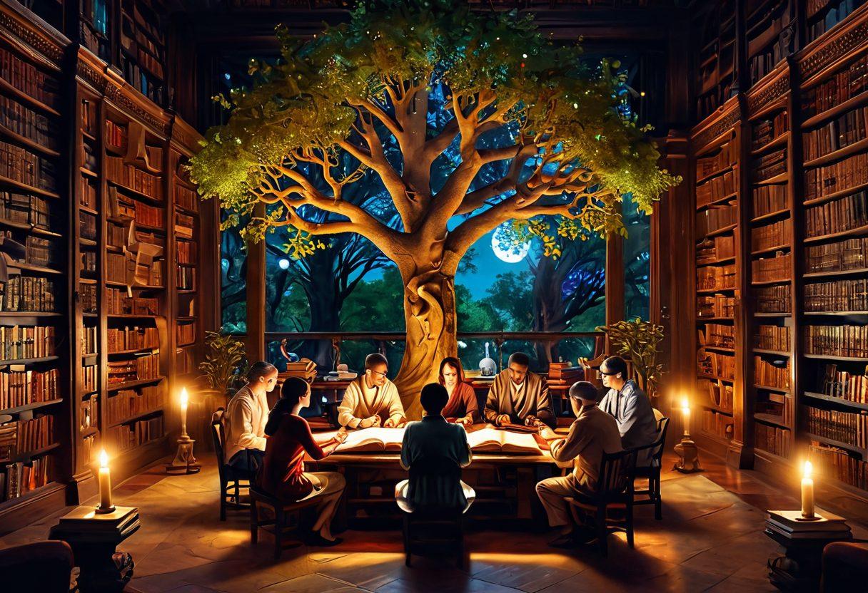 A visually rich scene depicting a diverse group of people engaged in deep discussions, surrounded by books, scrolls, and symbols of wisdom like an open book with a glowing light. The backdrop showcases a vibrant library filled with ancient texts and modern technology, emphasizing the blend of traditional and contemporary knowledge. Include a tree of knowledge with roots and branches symbolizing growth and understanding. dreamy, vibrant colors, super-realistic, with ethereal lighting.